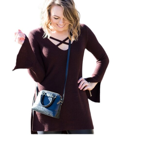 Free People Criss-Cross Tunic Sweater in Brown Wine Size Small - Picture 1 of 13